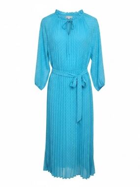 NANETTE LEPORE | Pleated Swiss Dot Midi Dress Belted Teal Blue Feminine | 14